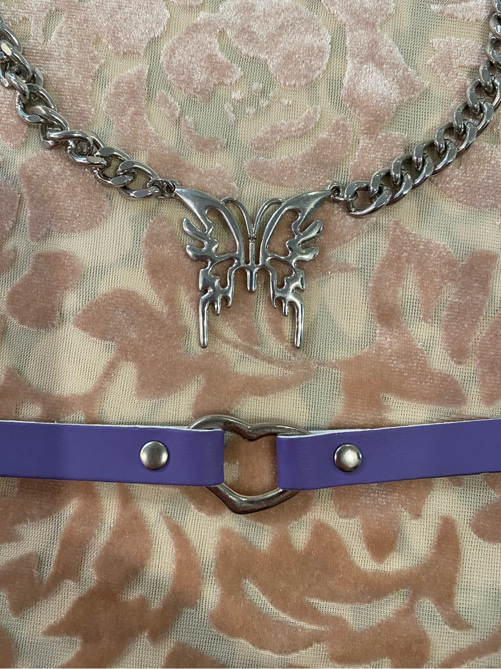 Y2K Whimsigoth Necklace Bundle - Silver Butterfly Chain & Purple Heart Choker